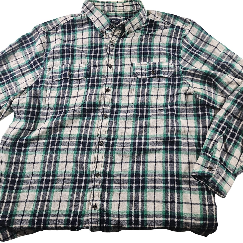 Faded Glory Shirt Mens 2XL Green Navy Plaid‎ Flannel Long Sleeve Button Down
